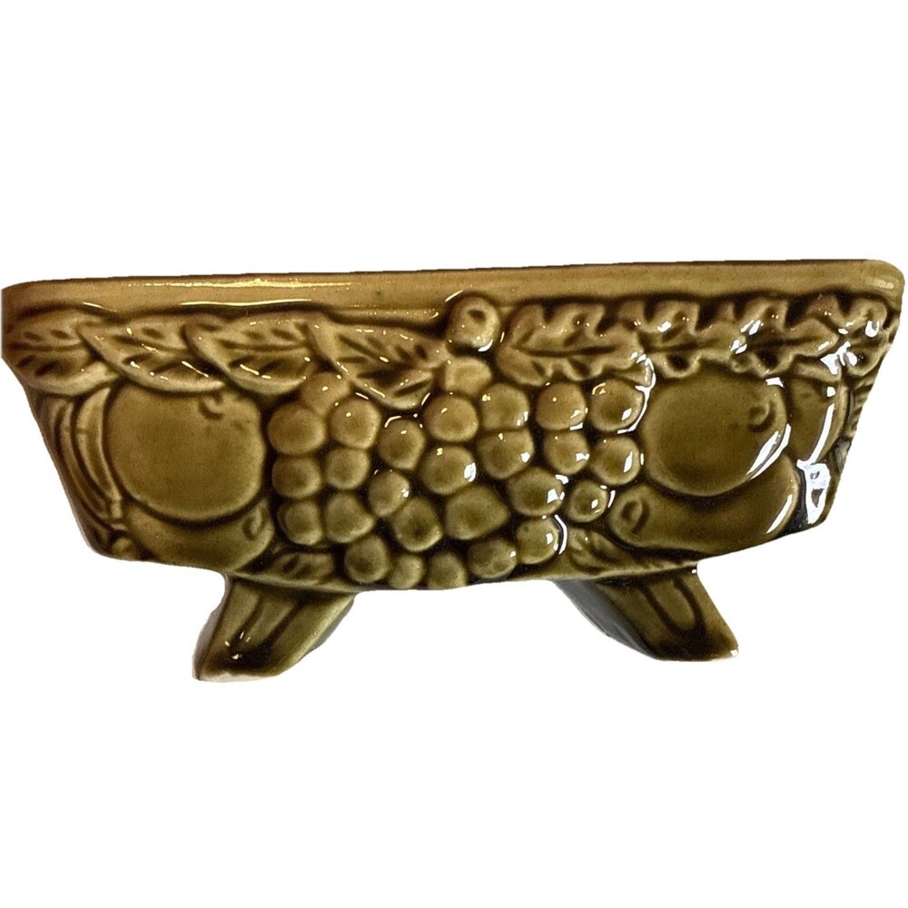 MCM Olive Green Pedestal Footed Small Rectangular Planter‎ Glossy Ceramic VTG
